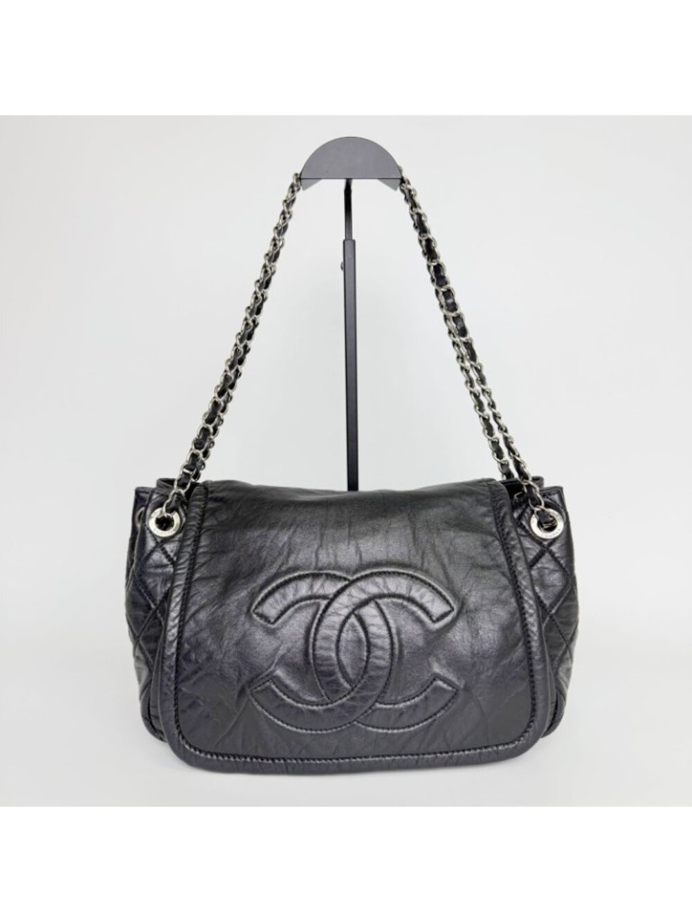 Chanel CC Logo Chain Shoulder Bag Leather Black Silver Vintage - Picture 4 of 16